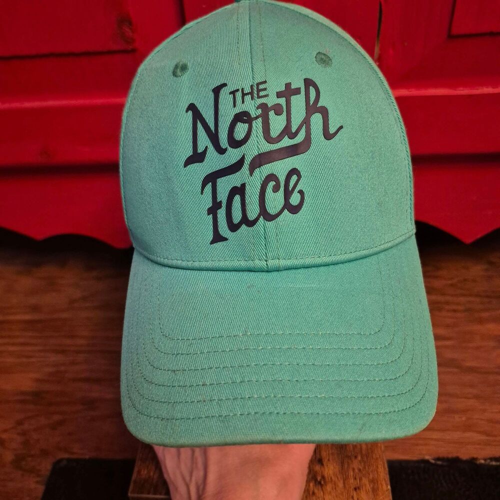 The North Face Snapback Baseball Cap Hat Script Logo Teal Navy Blue Baseball EUC